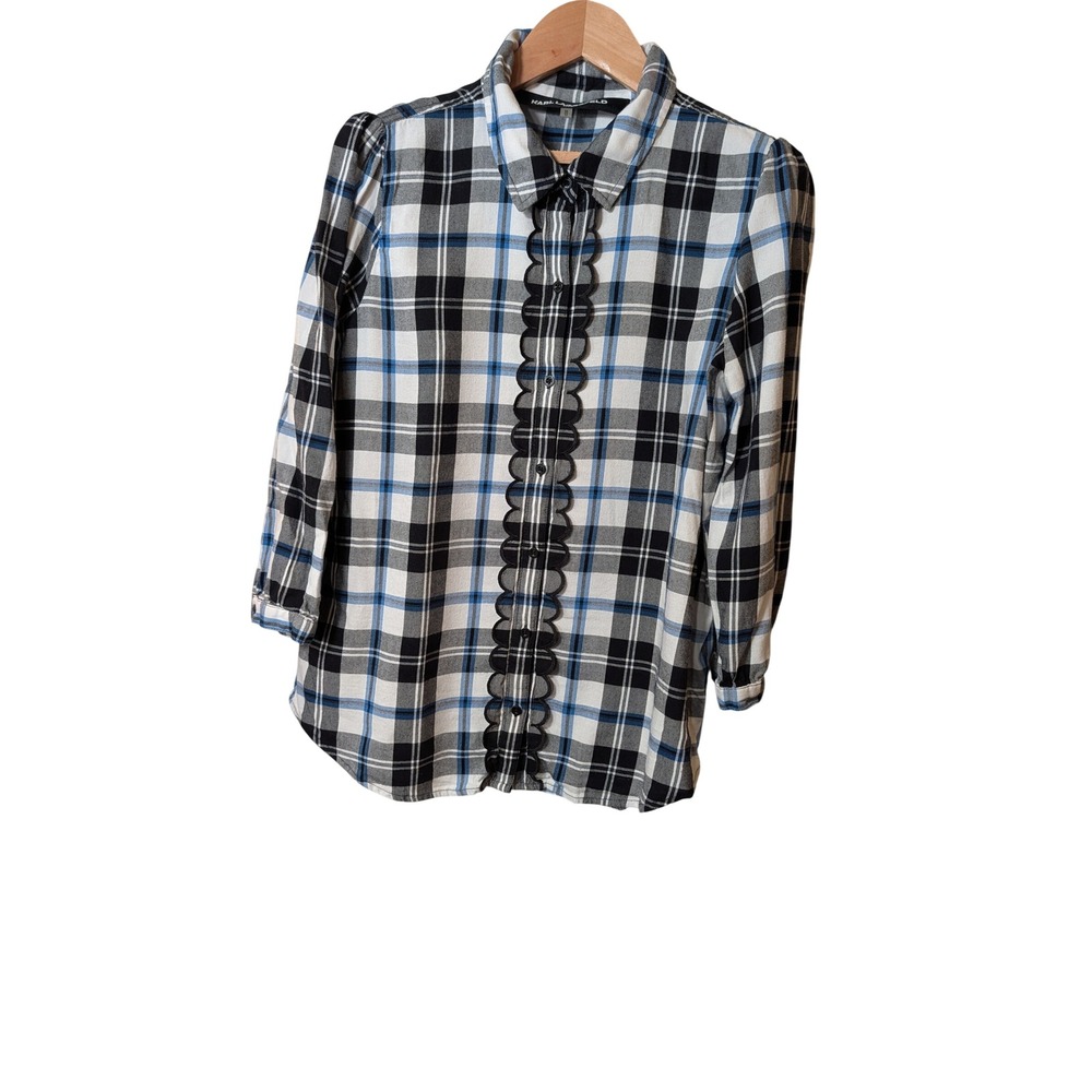 Karl Lagerfeld Paris Women Plaid Scallop Trim Button Down Shirt Blue Black M